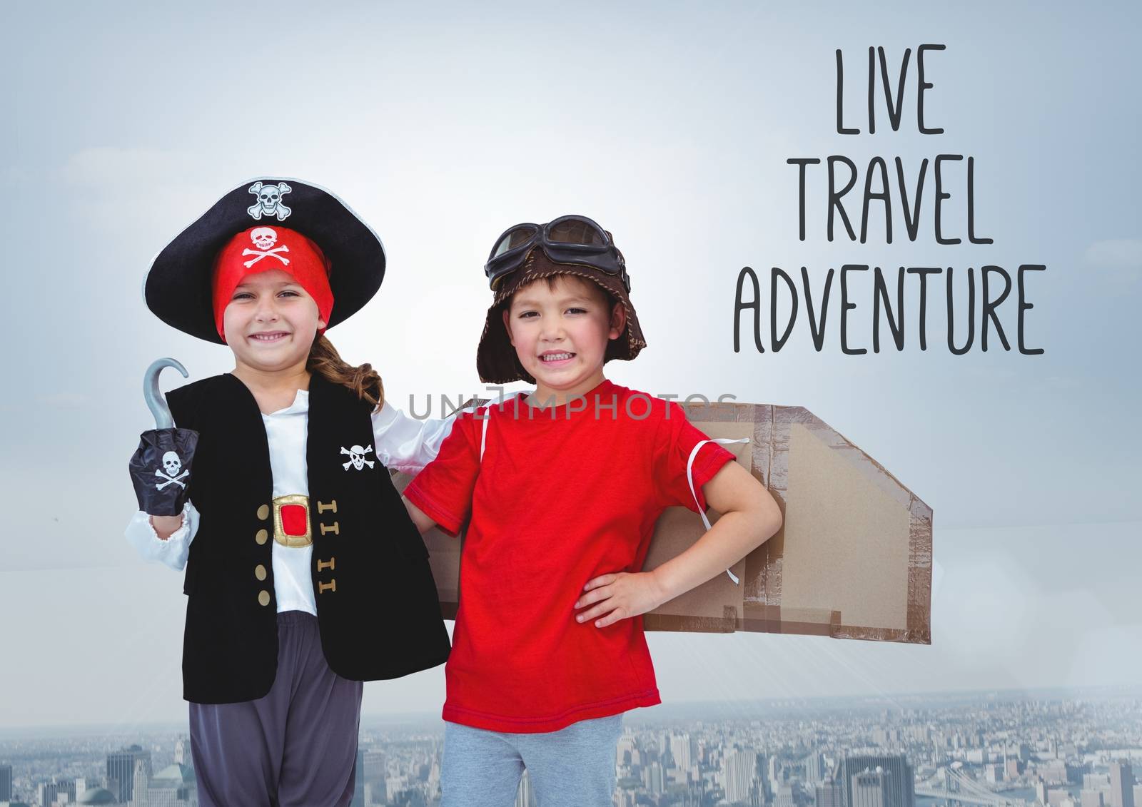 Live travel adventure text with Kids in pirate and pilot costumes over city by Wavebreakmedia