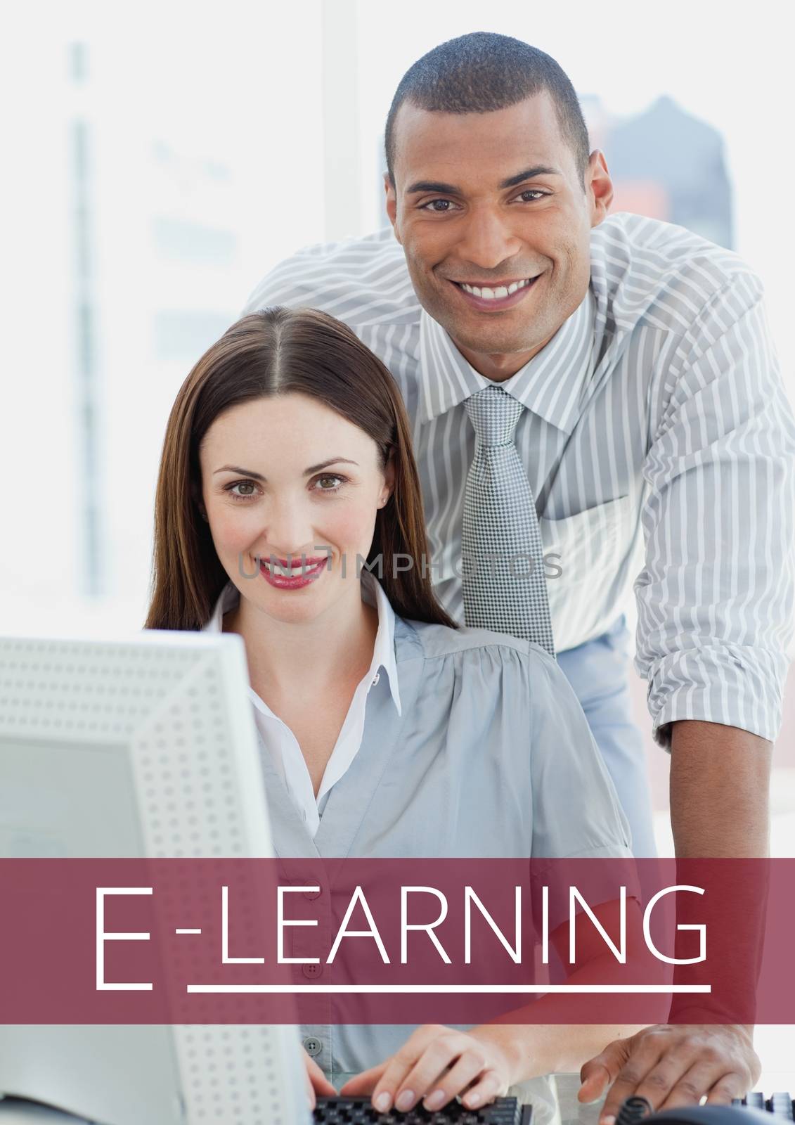 Education and e-learning text and couple using a computer by Wavebreakmedia