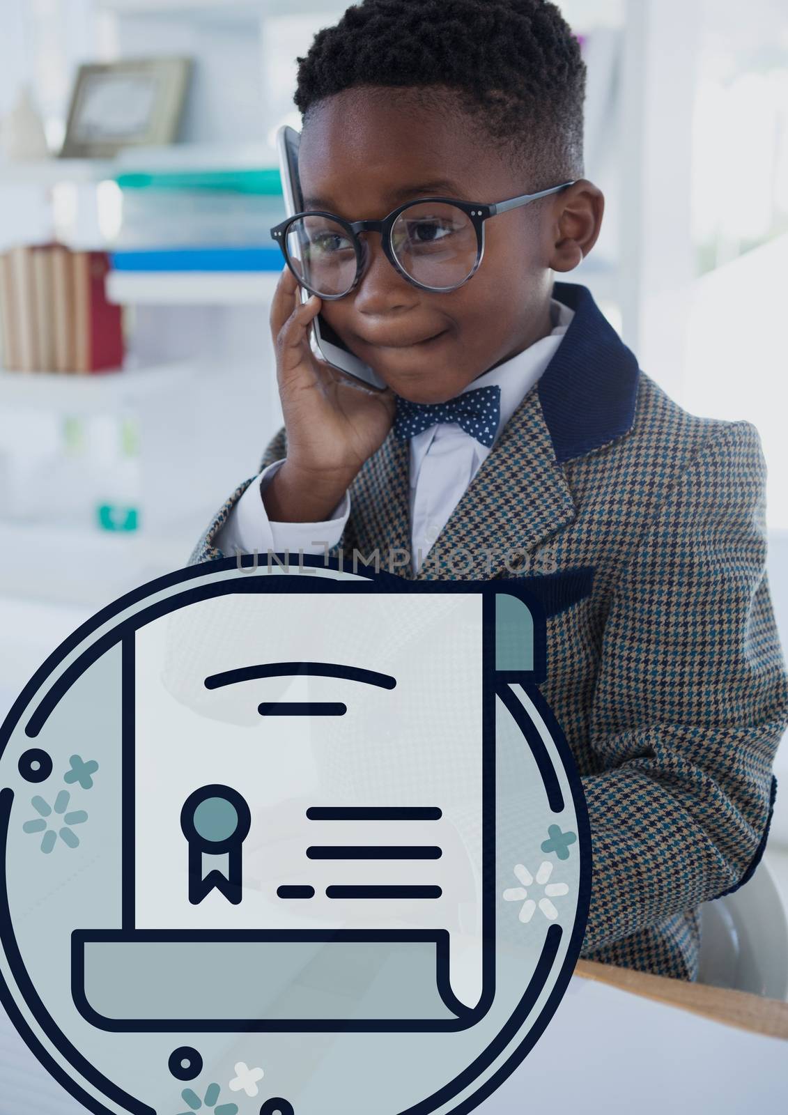 Digital composite of Education icons against office kid boy talking on the phone background