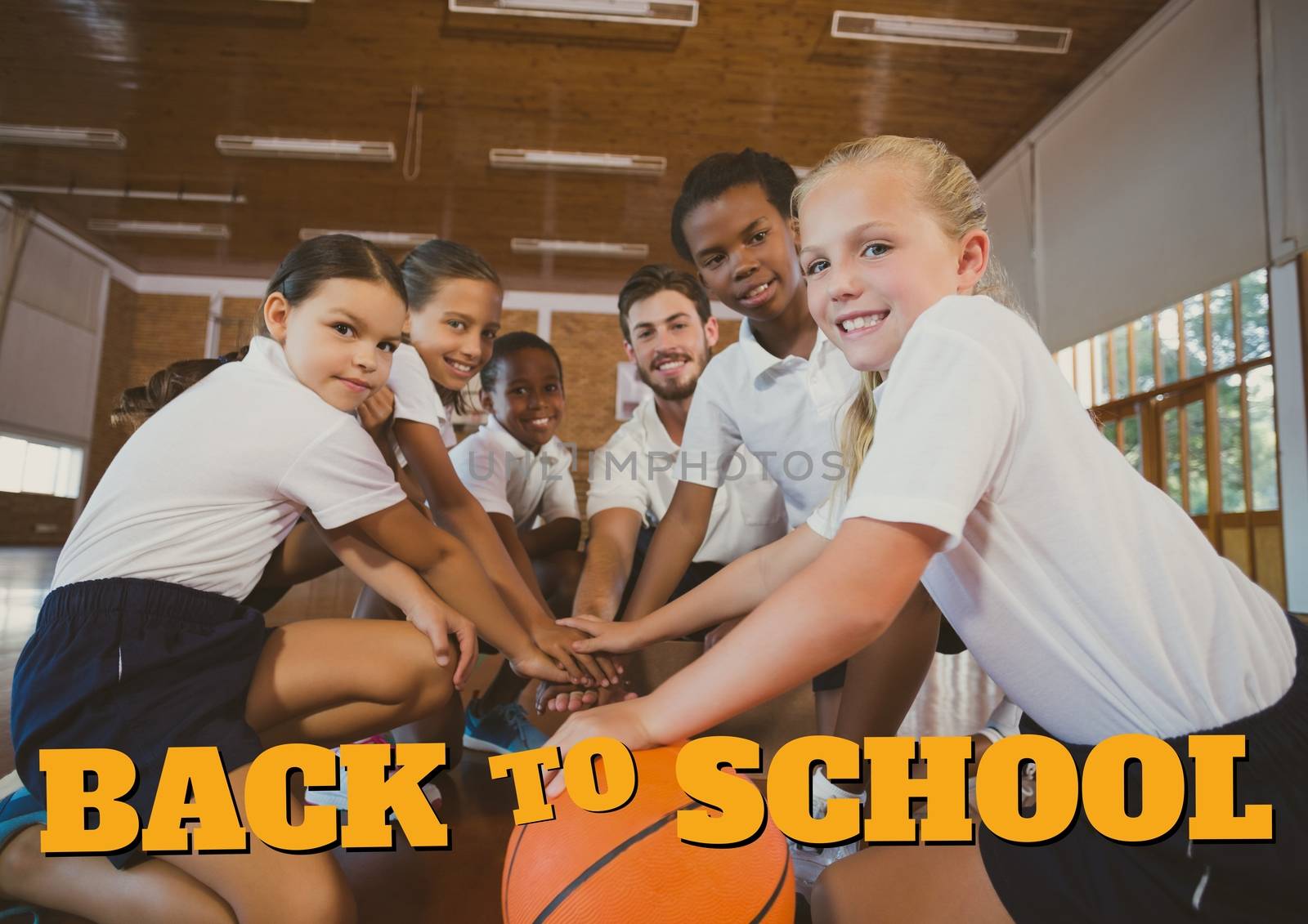 Education and back to school text and kids playing basketball by Wavebreakmedia