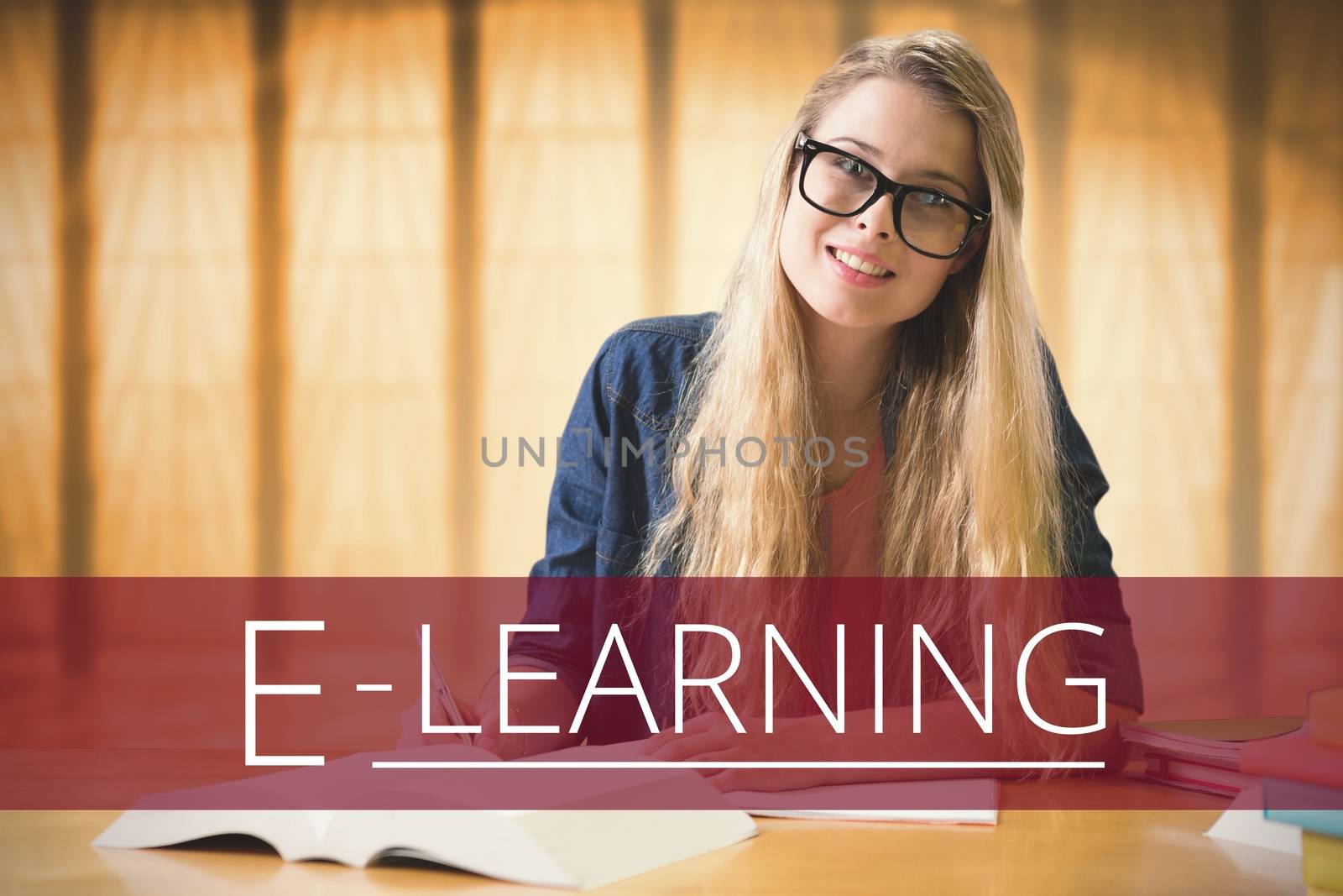 Digital composite of Education and e-learning text and woman sitting at a library