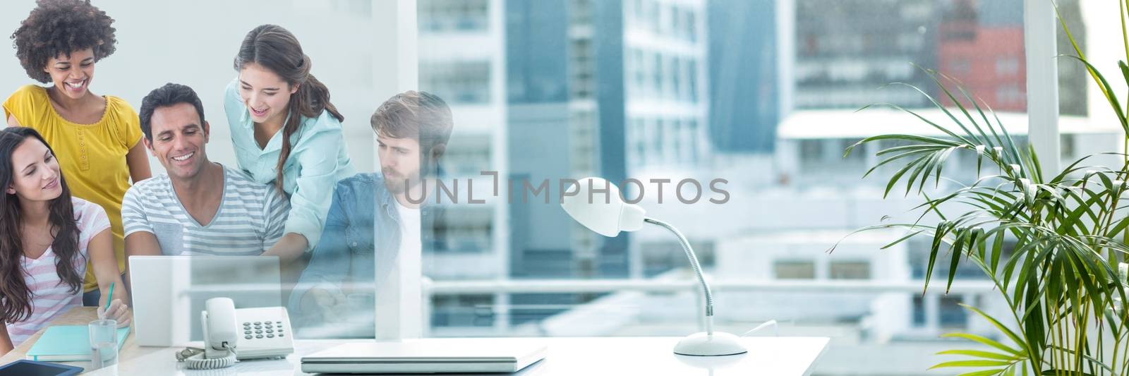 Digital composite of Happy business people looking at a computer