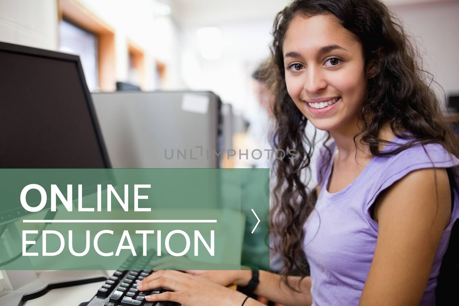 Digital composite of Online education text and woman using a computer