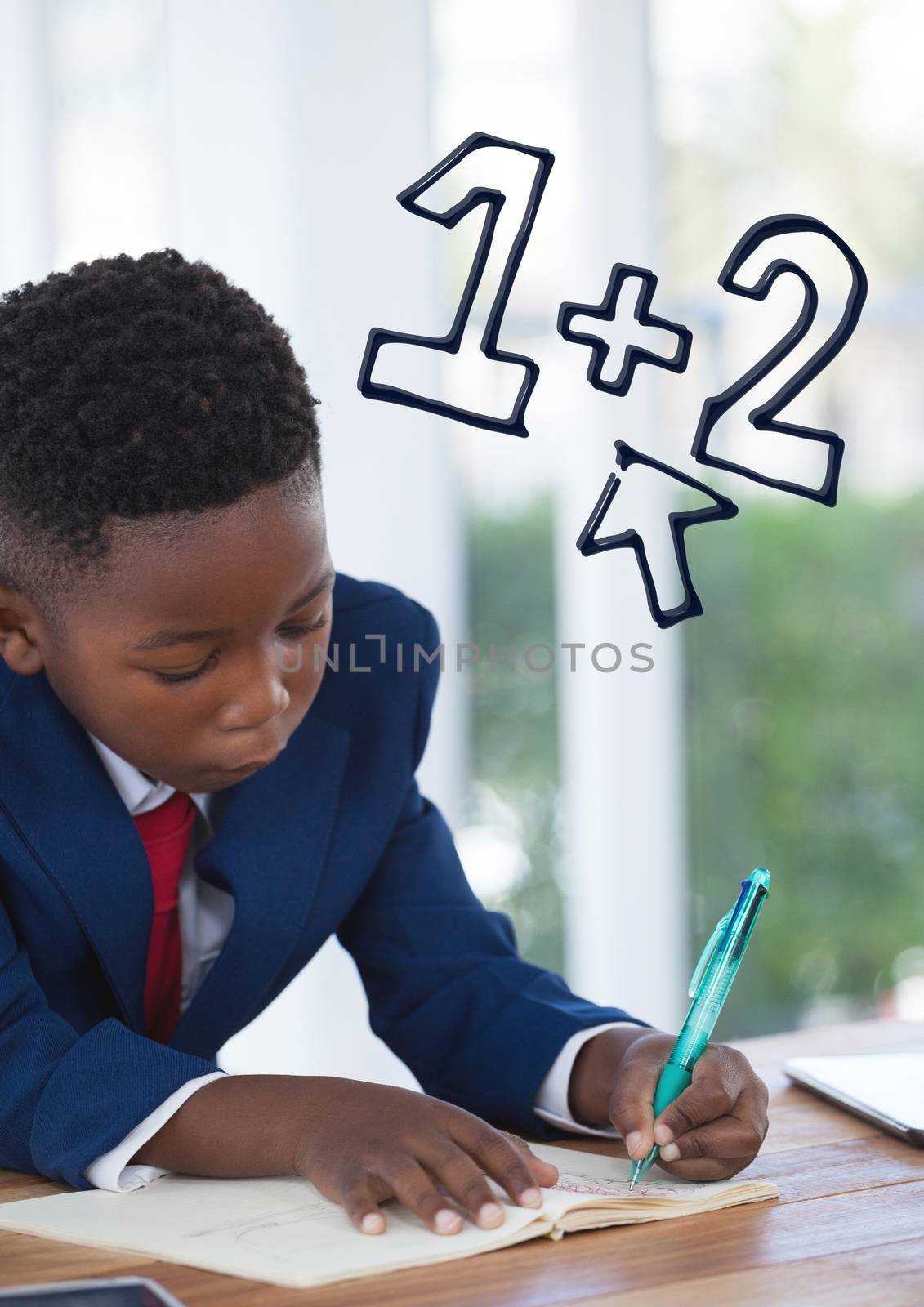 Digital composite of Office kid boy writing with education icons