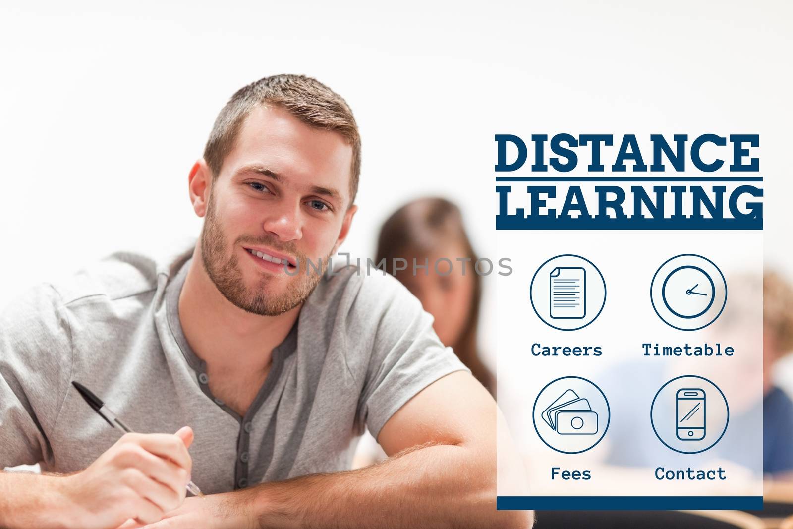 Digital composite of Education and distance learning text and icons and man sitting