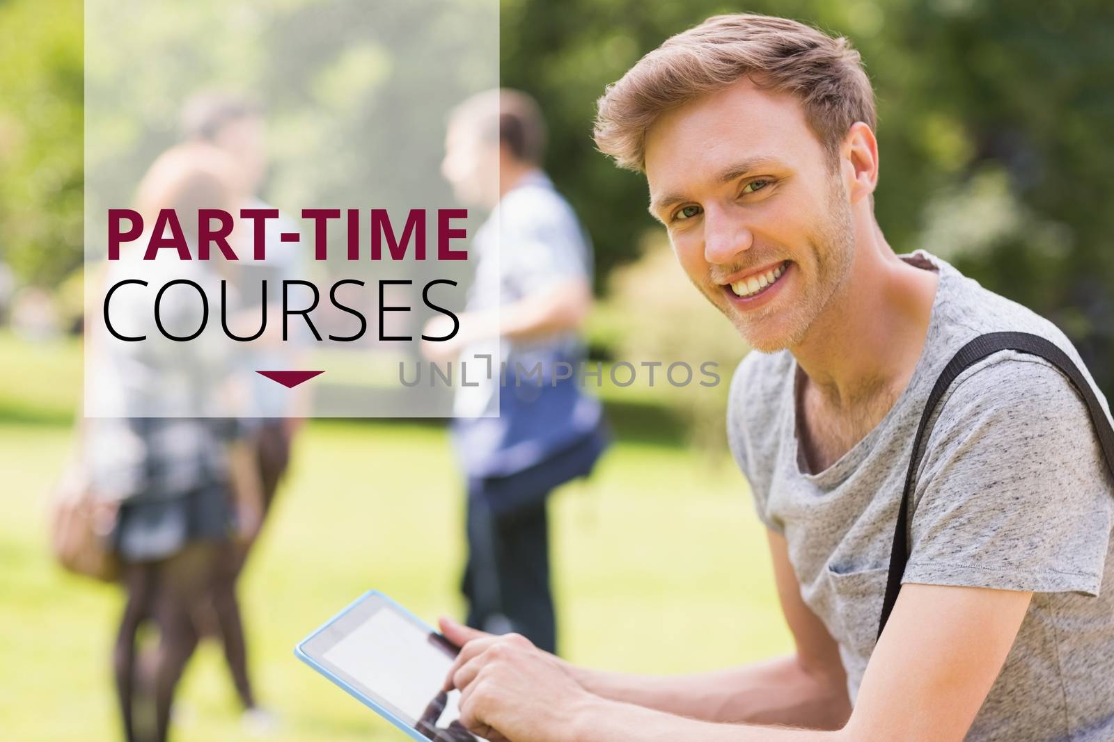 Digital composite of Education and part-time courses text and man using a tablet