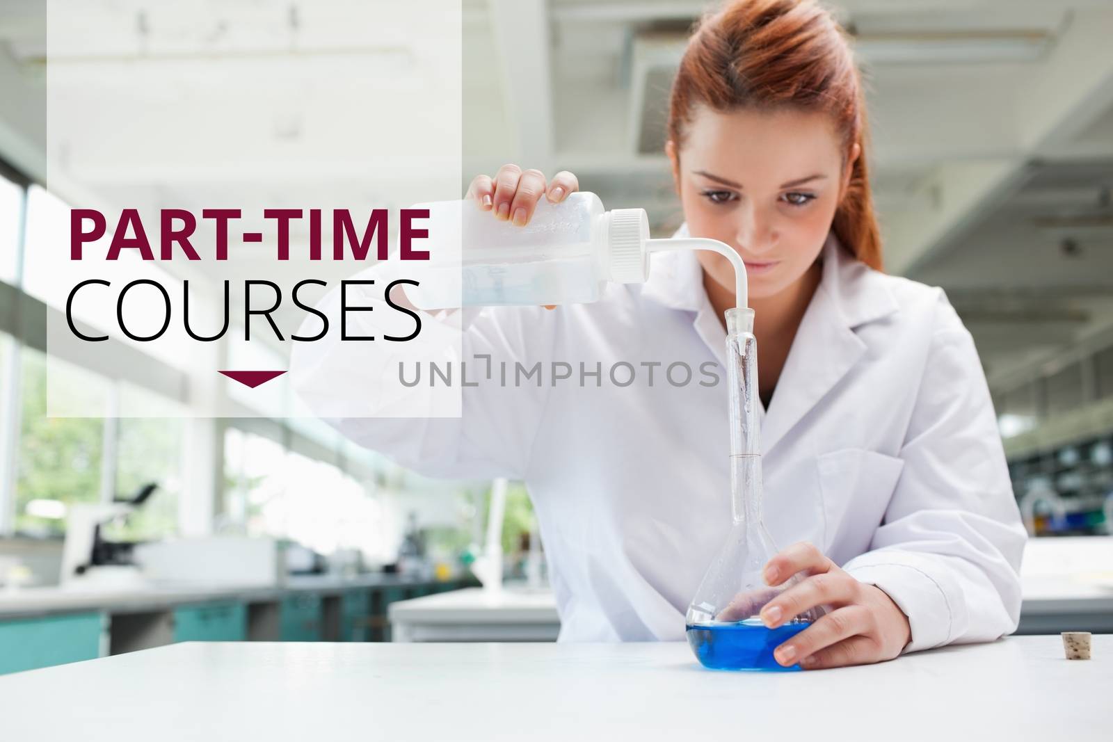 Digital composite of Education and part-time courses text and woman working at a laboratory