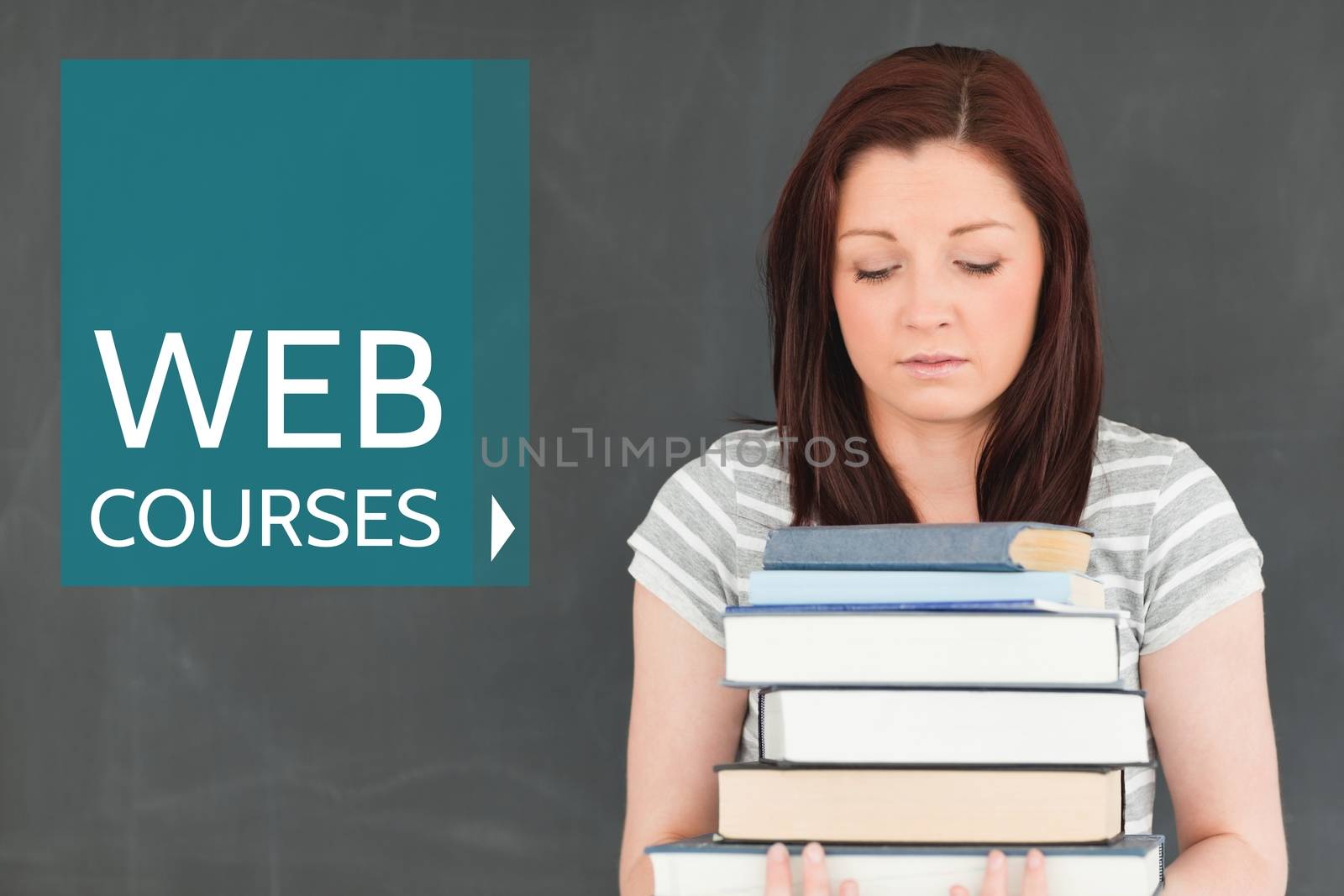Digital composite of Education and web courses text and woman holding books