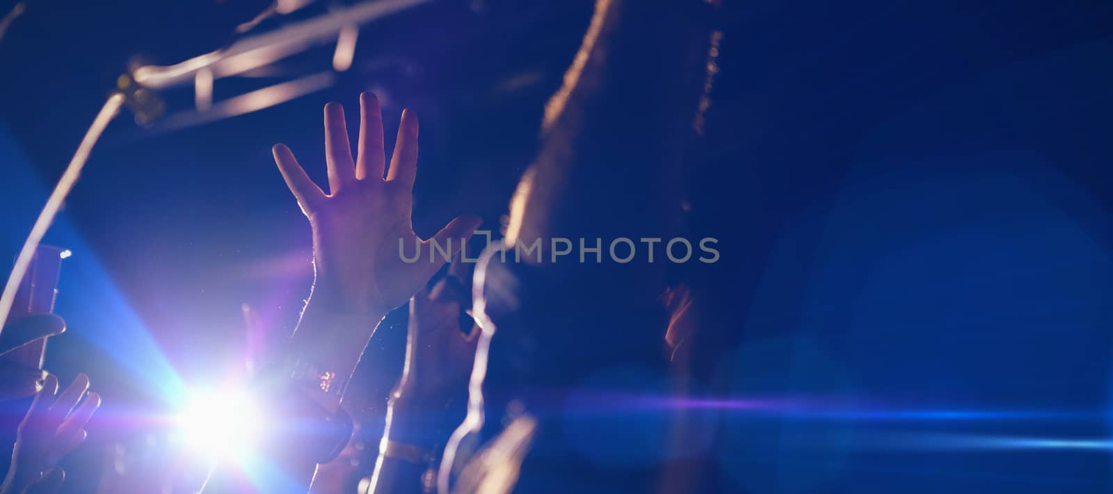Cropped hands of people cheering at illuminated nightclub