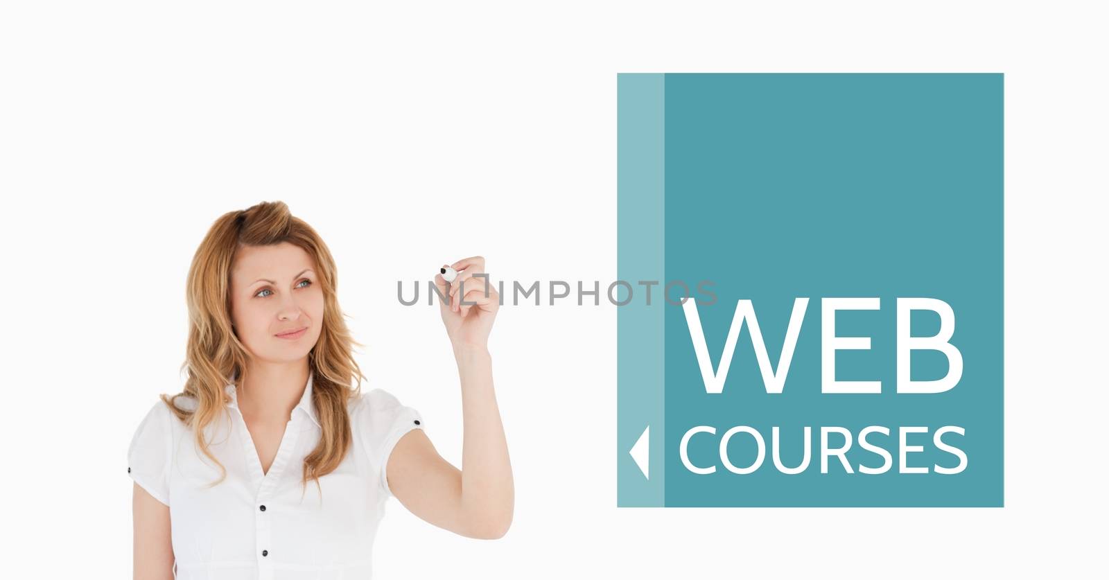Digital composite of Education and web courses text and woman writing
