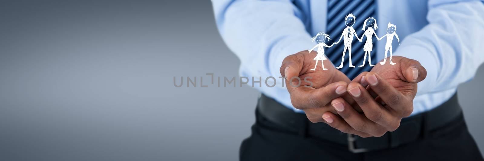 Digital composite of Man holding family icon against grey background as family insurance concept