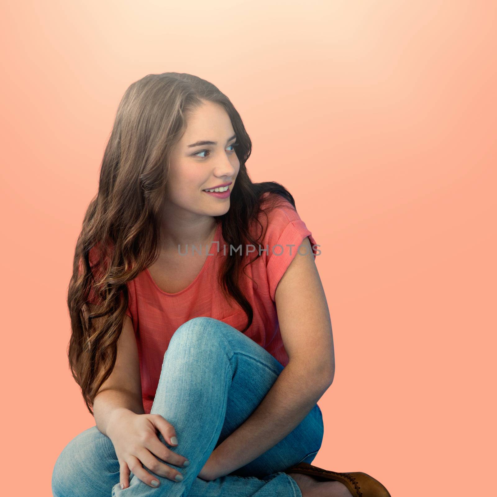 Composite image of happy women thinking on the floor  by Wavebreakmedia