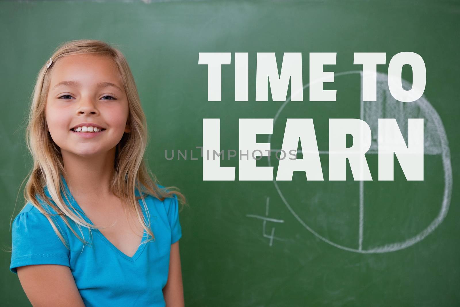 Digital composite of Education and time to learn text and girl standing  against a blackboard