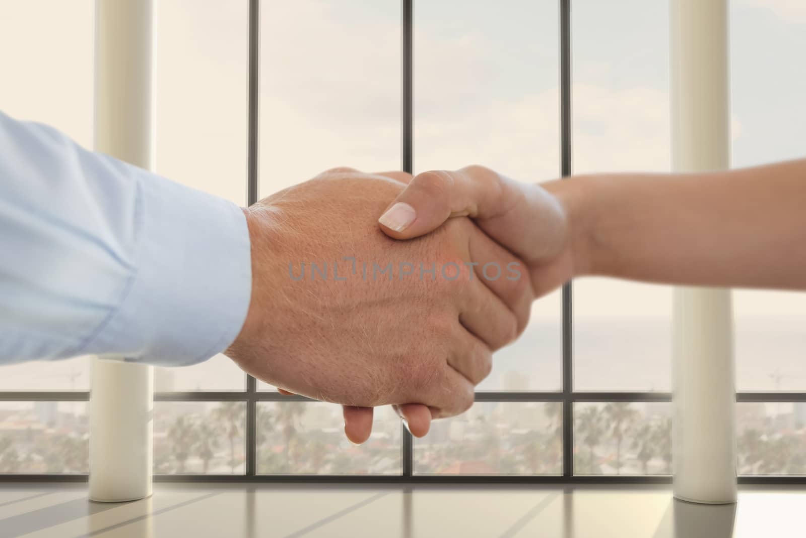 Business people shaking hands against office background by Wavebreakmedia