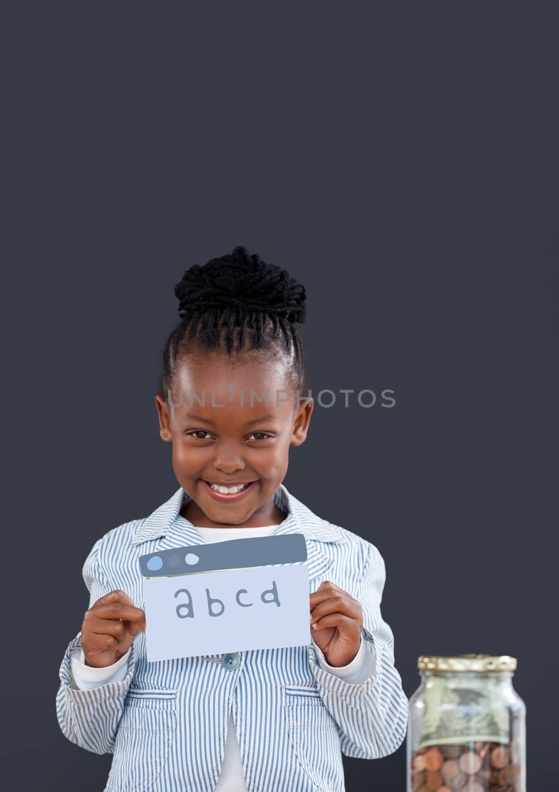 Digital composite of Happy office kid girl with education icons against blue background