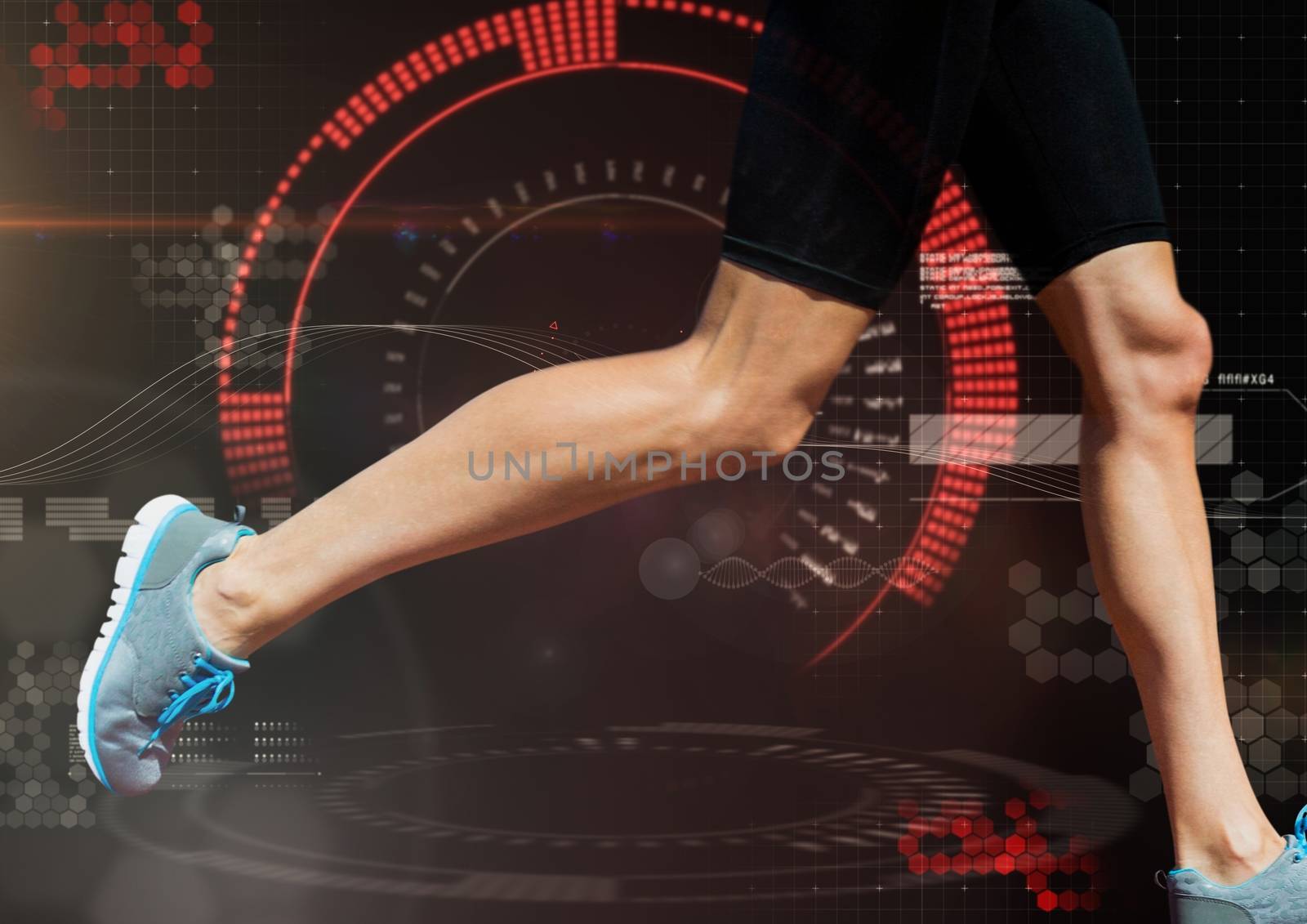 Athletic legs running with technology user interface background by Wavebreakmedia