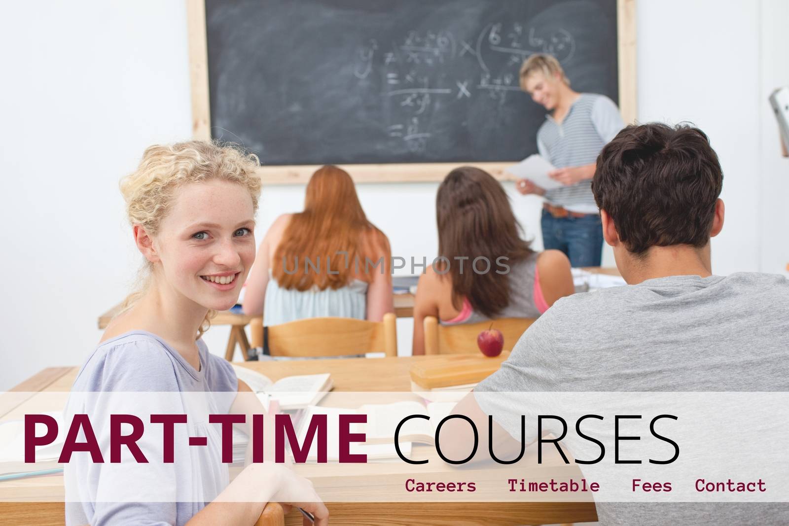 Digital composite of Education and part-time courses text and people sitting at a class