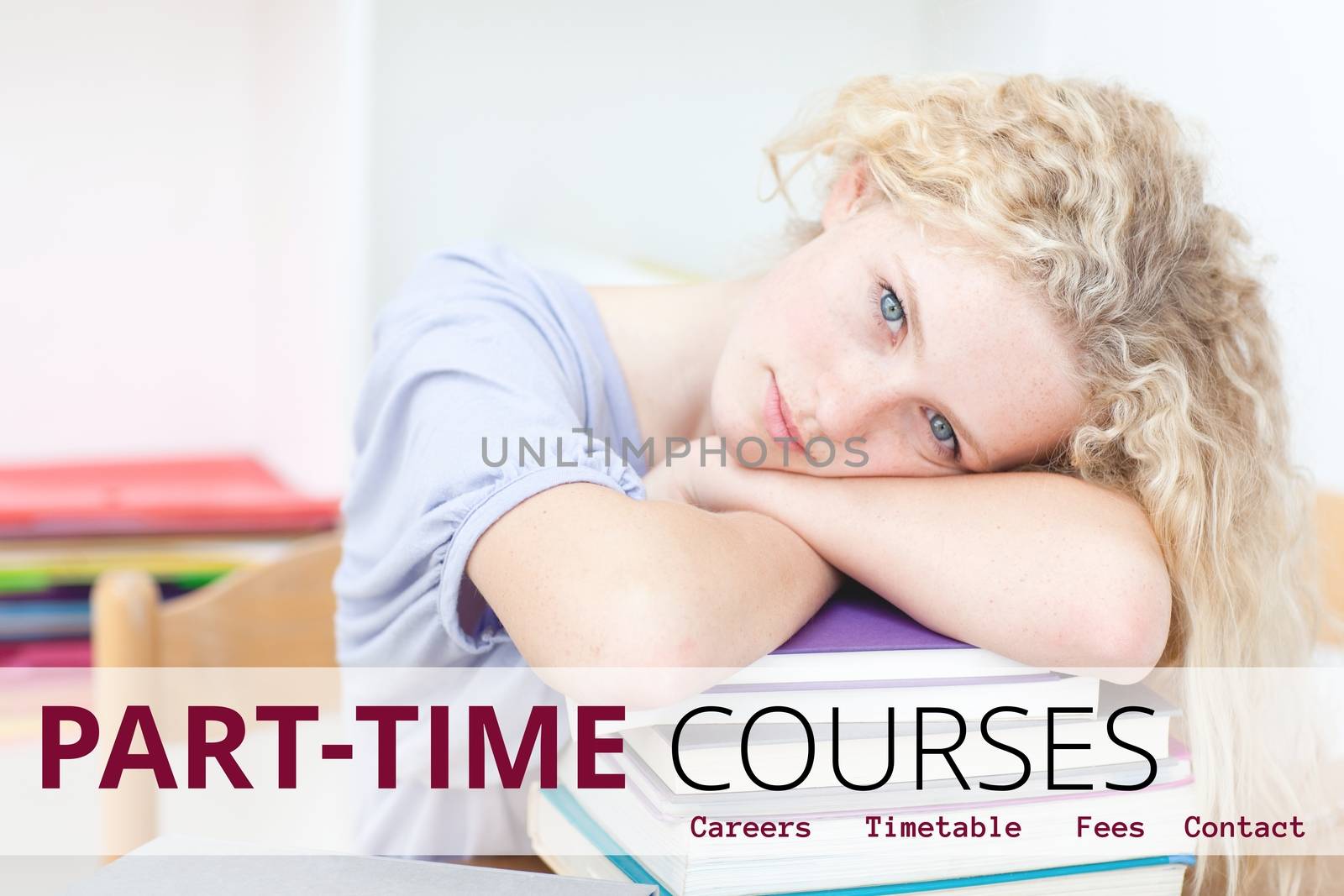 Education and part-time courses text and woman lying on books by Wavebreakmedia