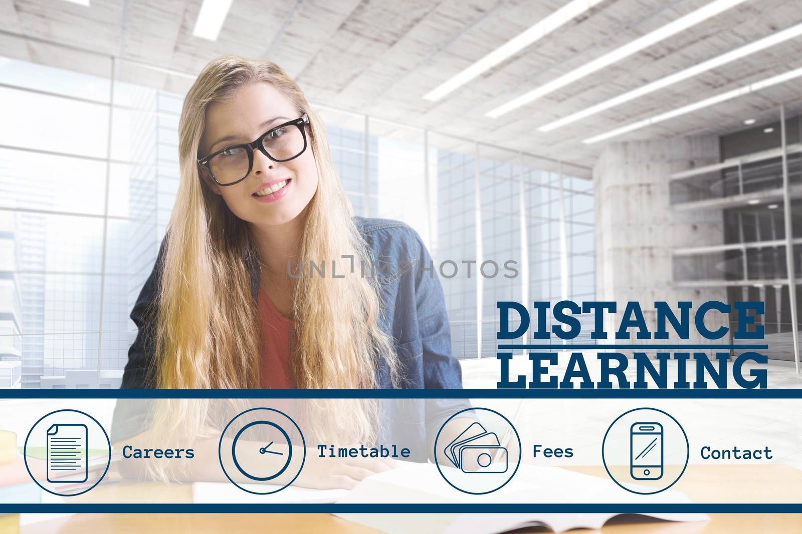 Digital composite of Education and distance learning text and icons and woman sitting