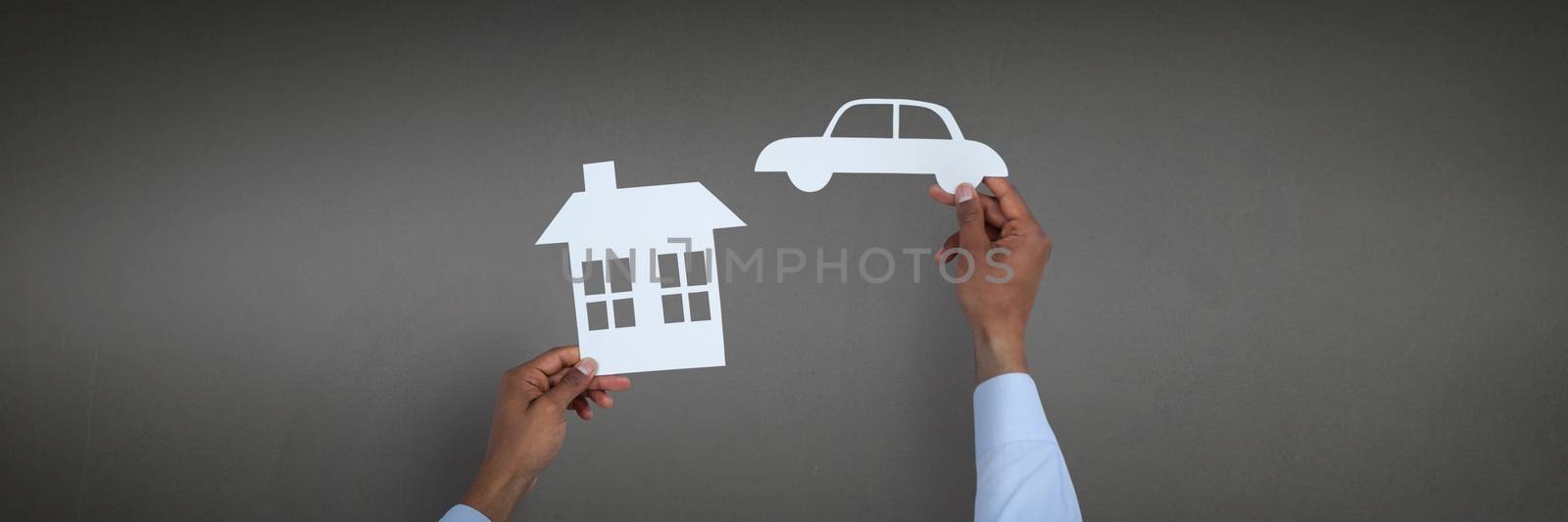 Digital composite of Car and house insurance concept against grey background