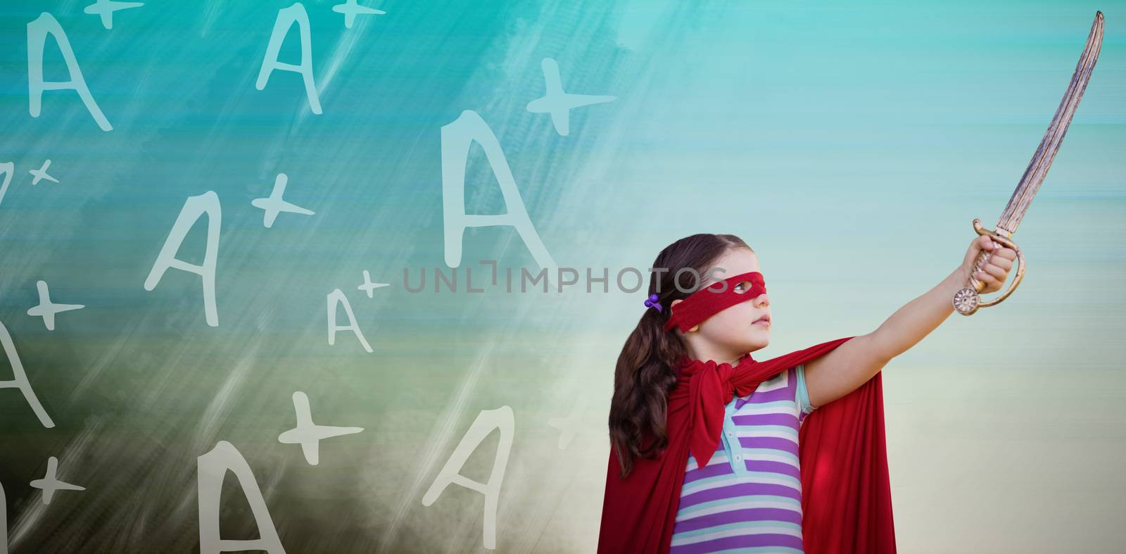 Girl in superhero costume holding artificial sword against turquoise abstract backgrounds