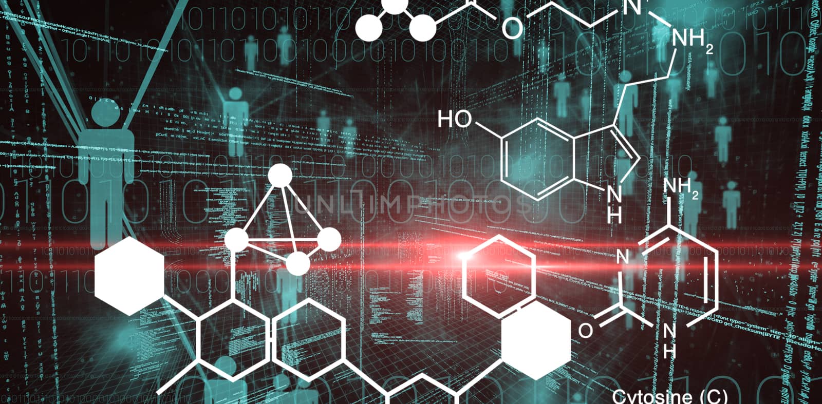 Digitally generated image of chemical structure against binary codes and people icons