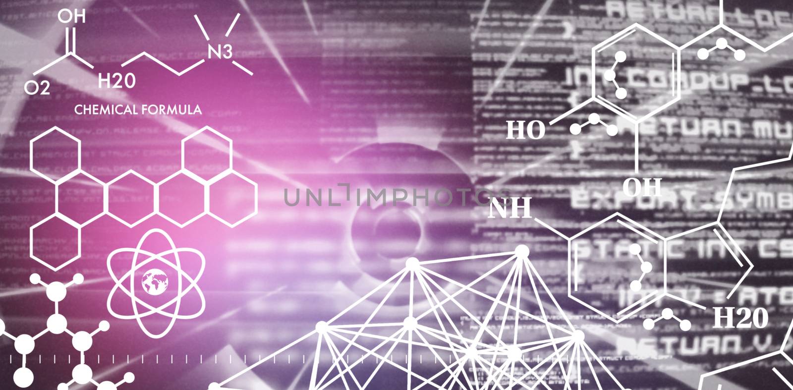 Graphic image of chemical formulas against abstract blue text