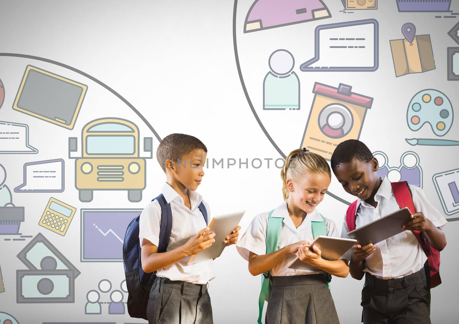 Digital composite of School kids with tablets and school education graphics