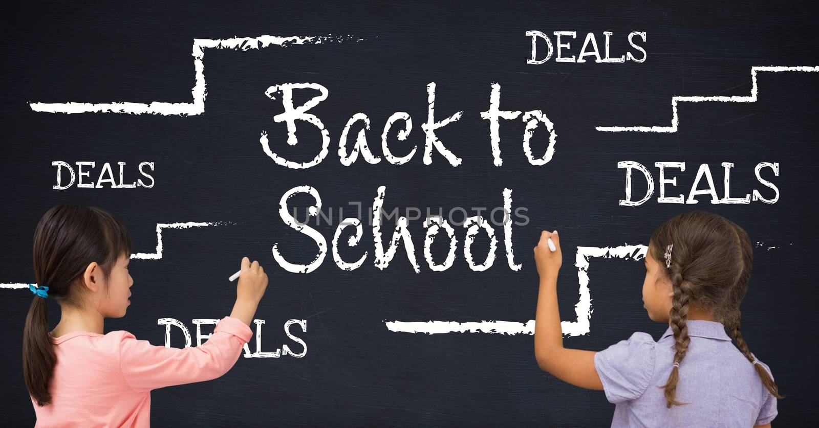 Digital composite of Girls writing Back to school deals with education drawings on blackboard with chalk
