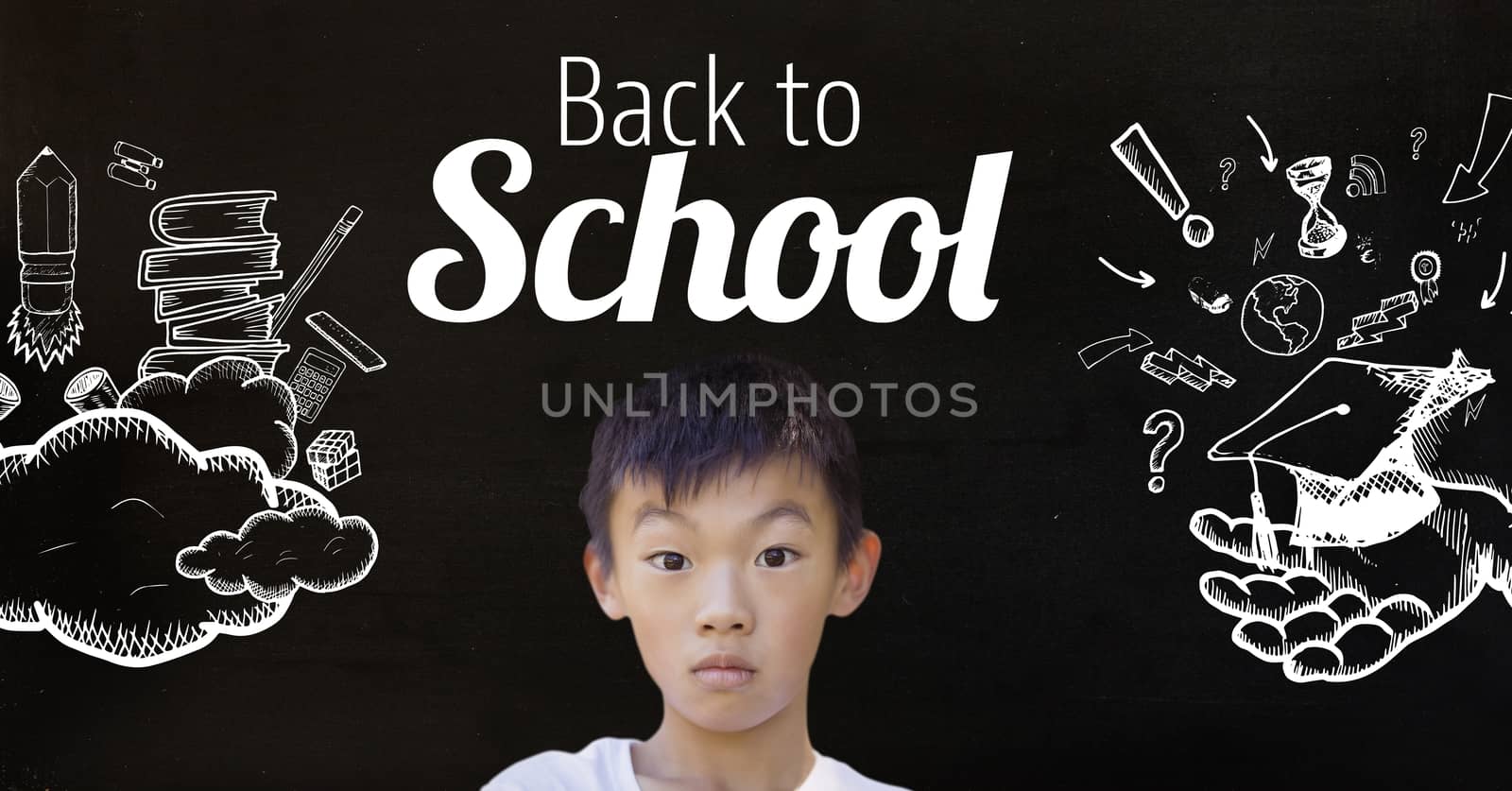 Boy and Back to school text with education graphics on blackboard by Wavebreakmedia