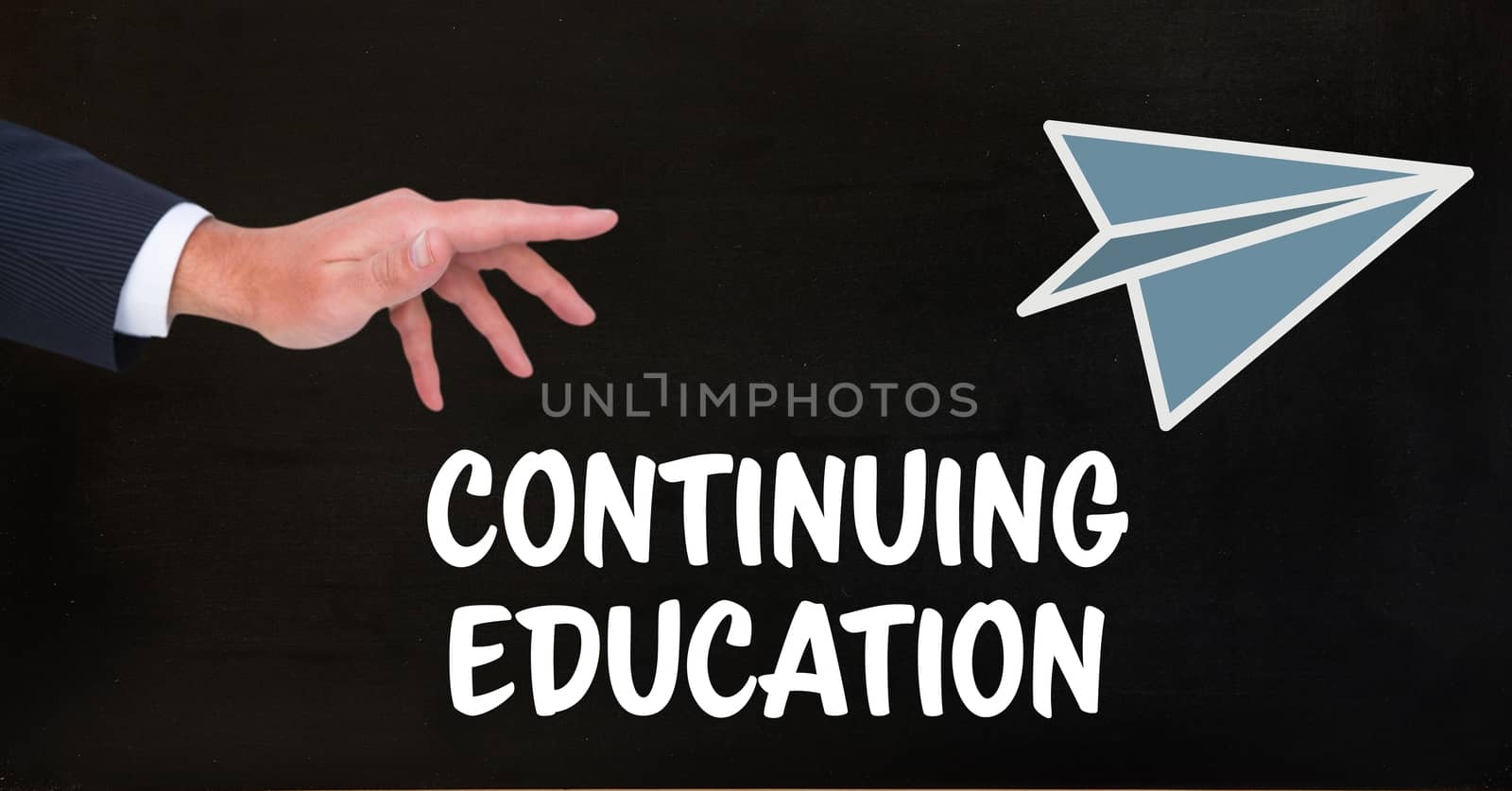 Digital composite of Hand throwing paper airplane Continuing further education on blackboard