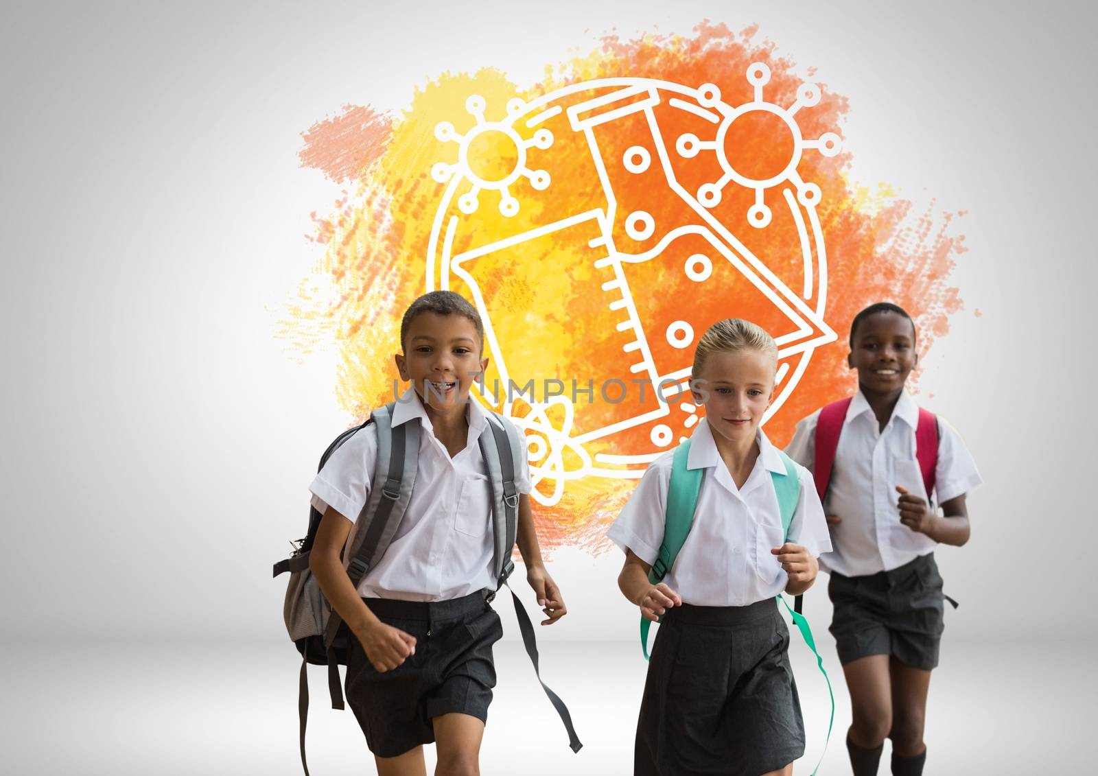 Digital composite of School kids running in front of science education graphics