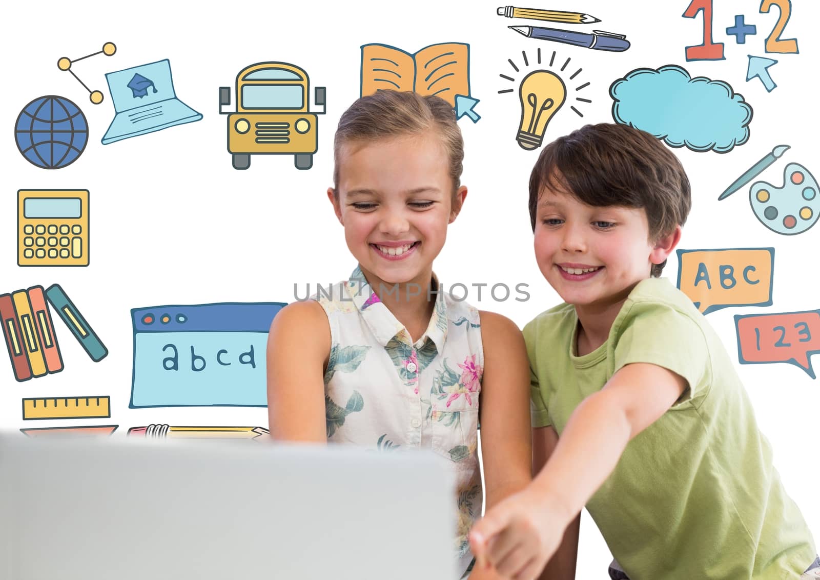 Digital composite of Boy and girl on computer in front of education school graphics