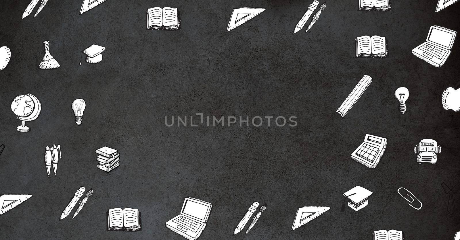 Digital composite of Education icon drawings on blackboard