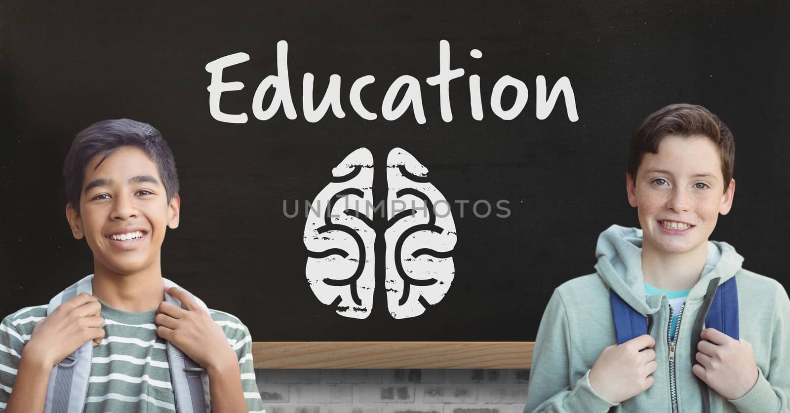 Digital composite of Two boys and Education text and brain icon on blackboard