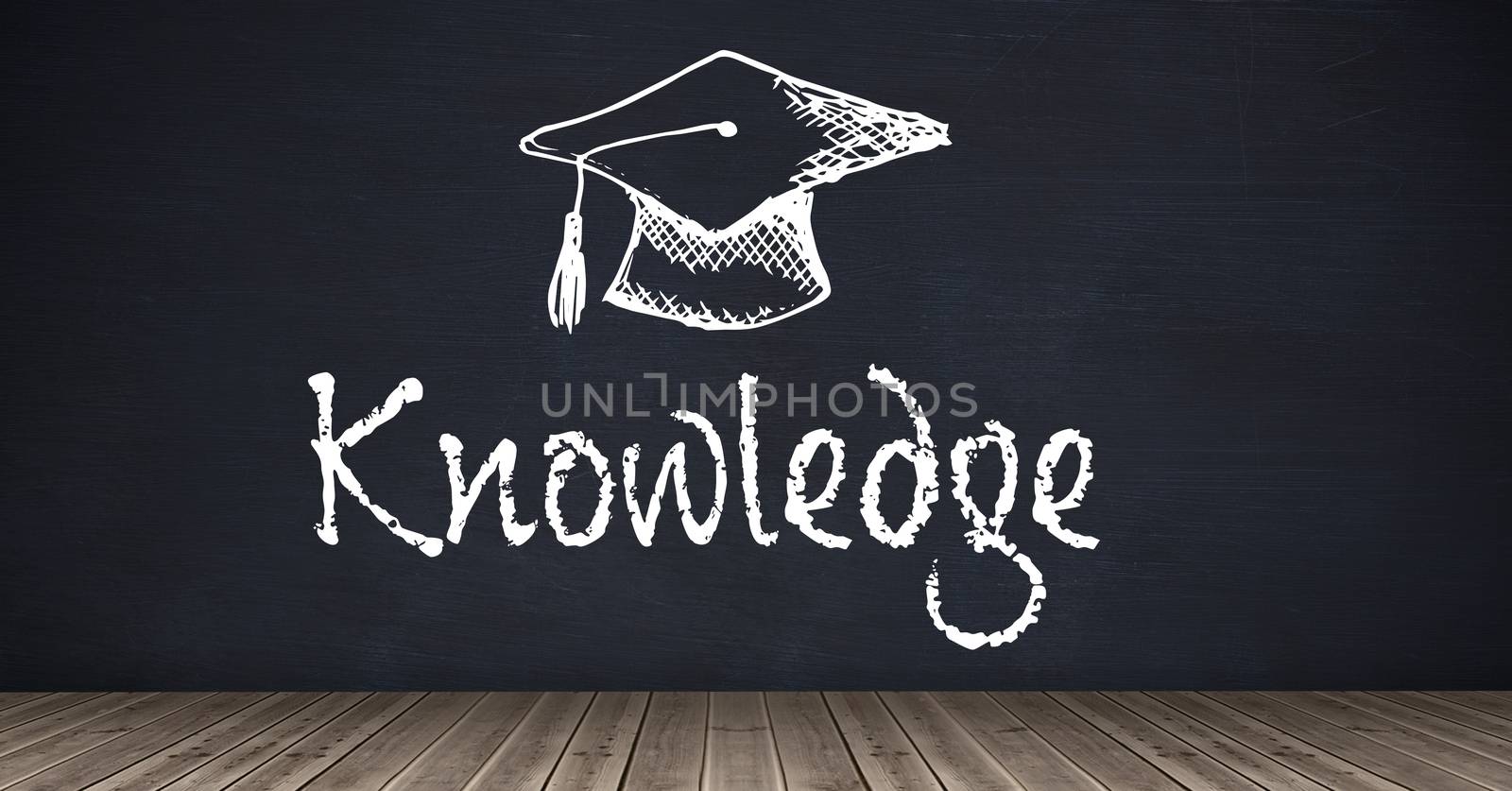 Digital composite of Knowledge text and graduation education hat on blackboard