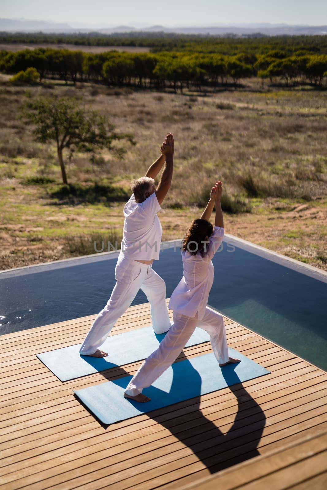 Couple practicing yoga on at poolside on a sunny day