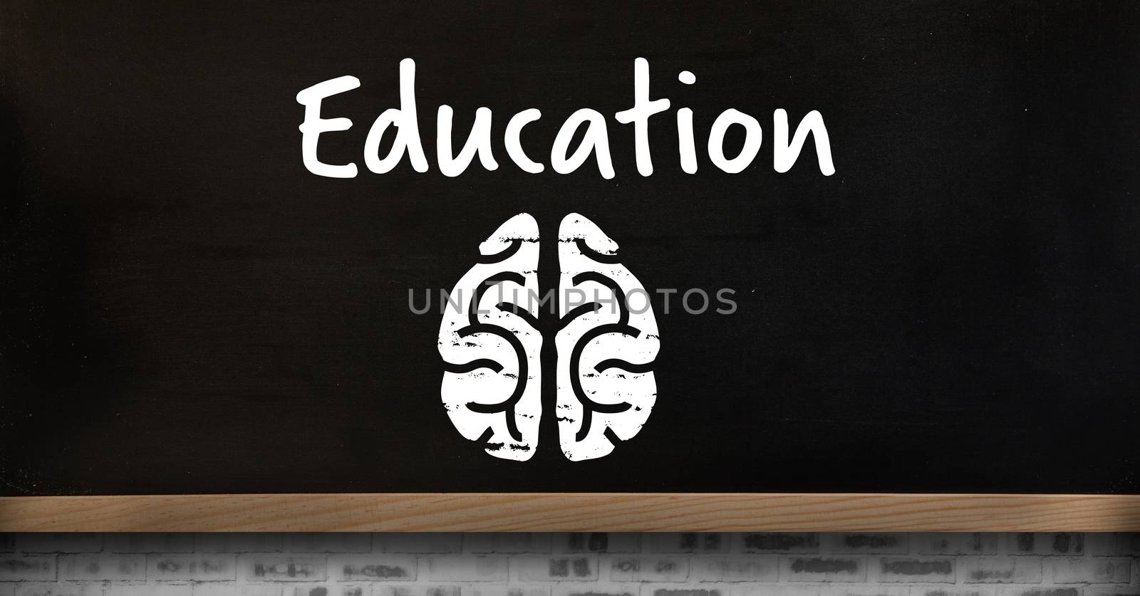 Digital composite of Education text and brain icon on blackboard