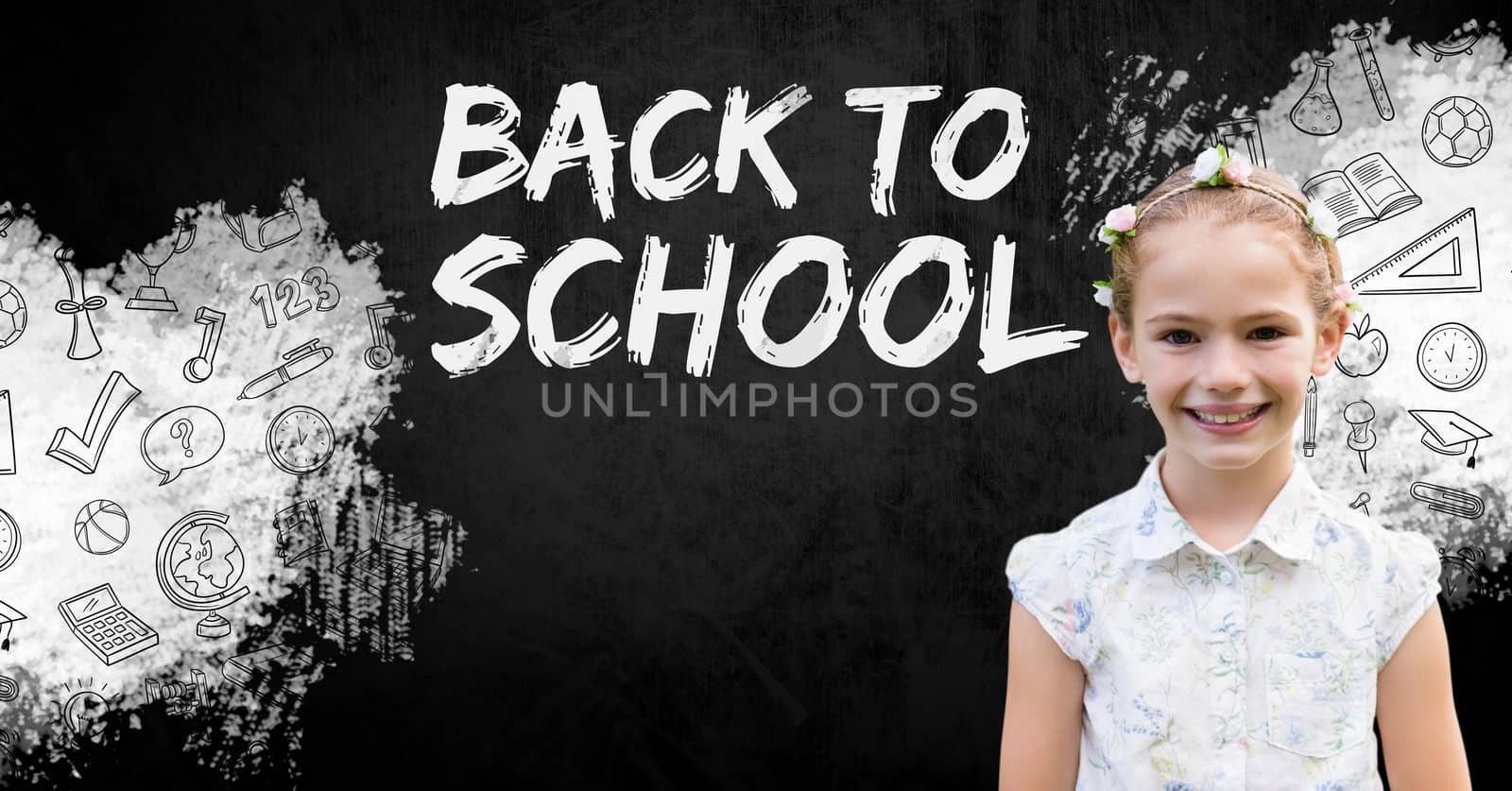 Digital composite of Girl and Back to school text with education drawings on blackboard