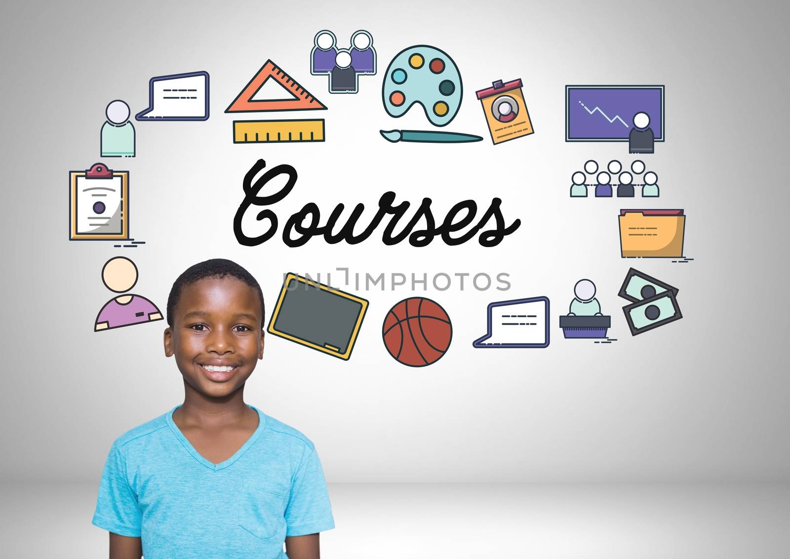 Digital composite of Boy in front of courses education graphics