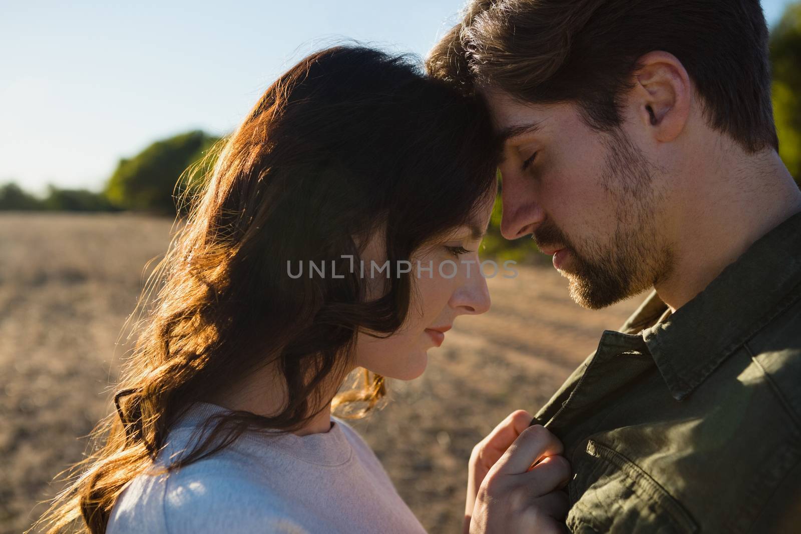 Close-up of romantic couple standing on field