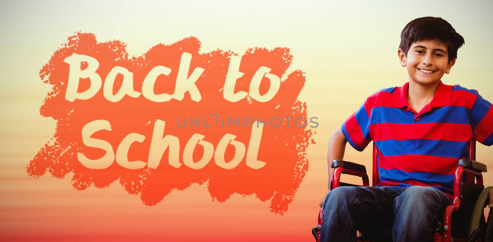 Composite image of boy sitting in wheelchair in school corridor by Wavebreakmedia