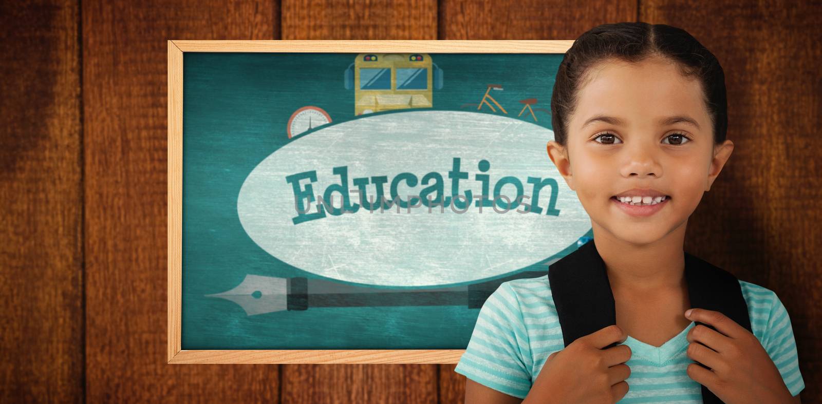 Portrait of smiling girl with bag against education against green chalkboard