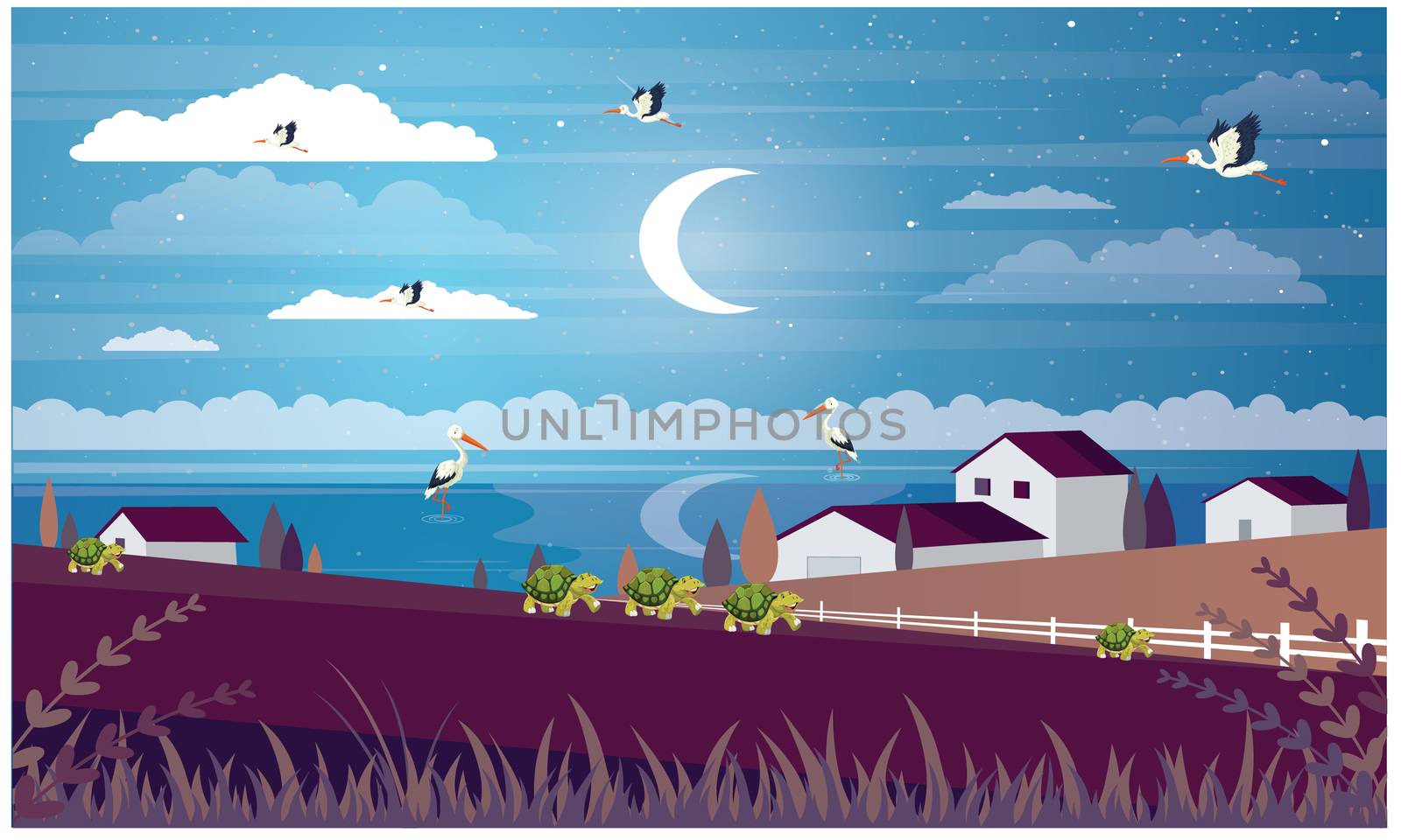 a village view of a farm in night scene