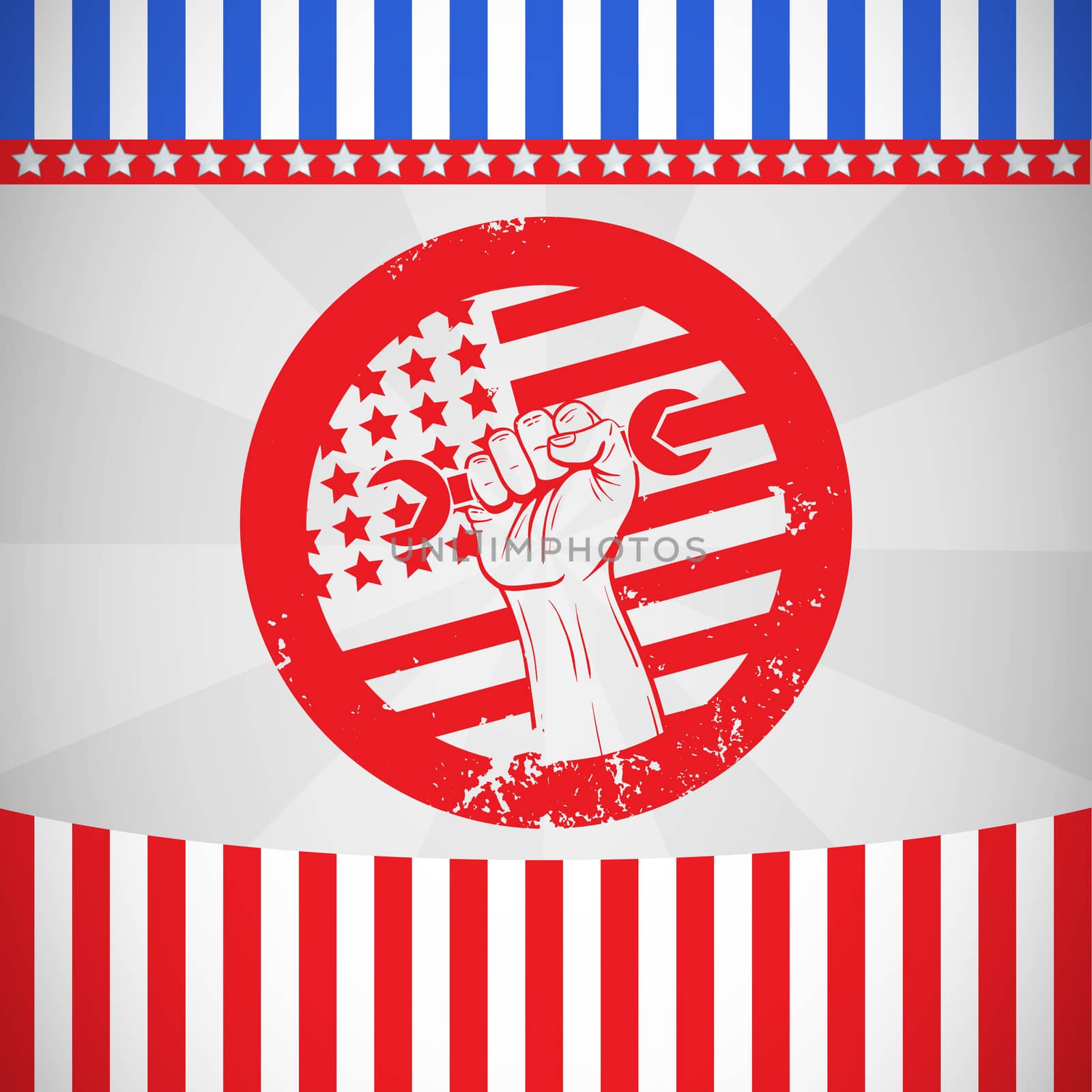 Composite image of cropped hand holding tool and american flag on red poster by Wavebreakmedia