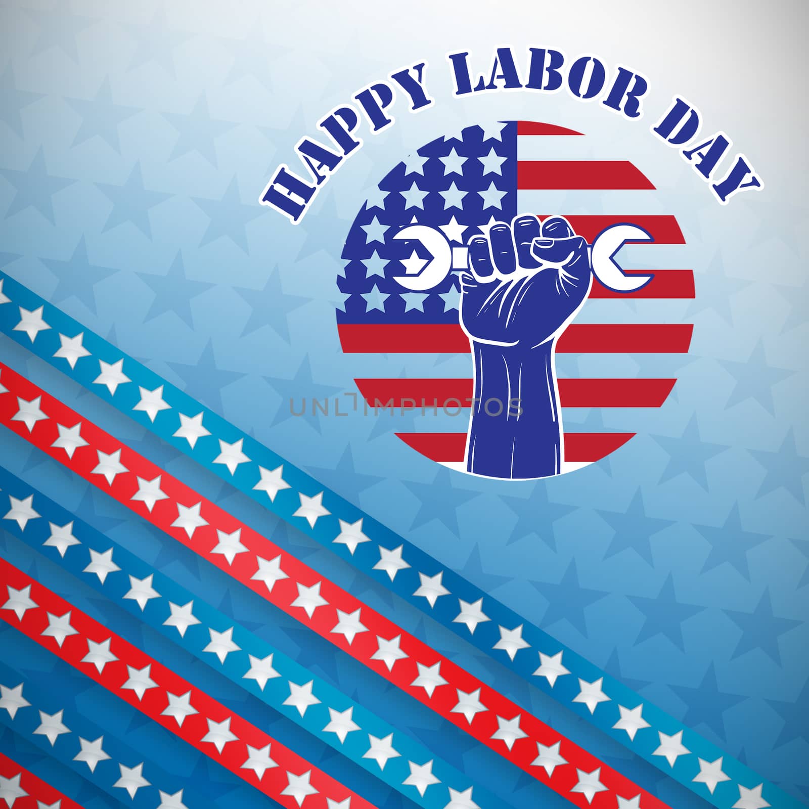 Happy labor day text over cropped hand holding tools against stars in a blue background 