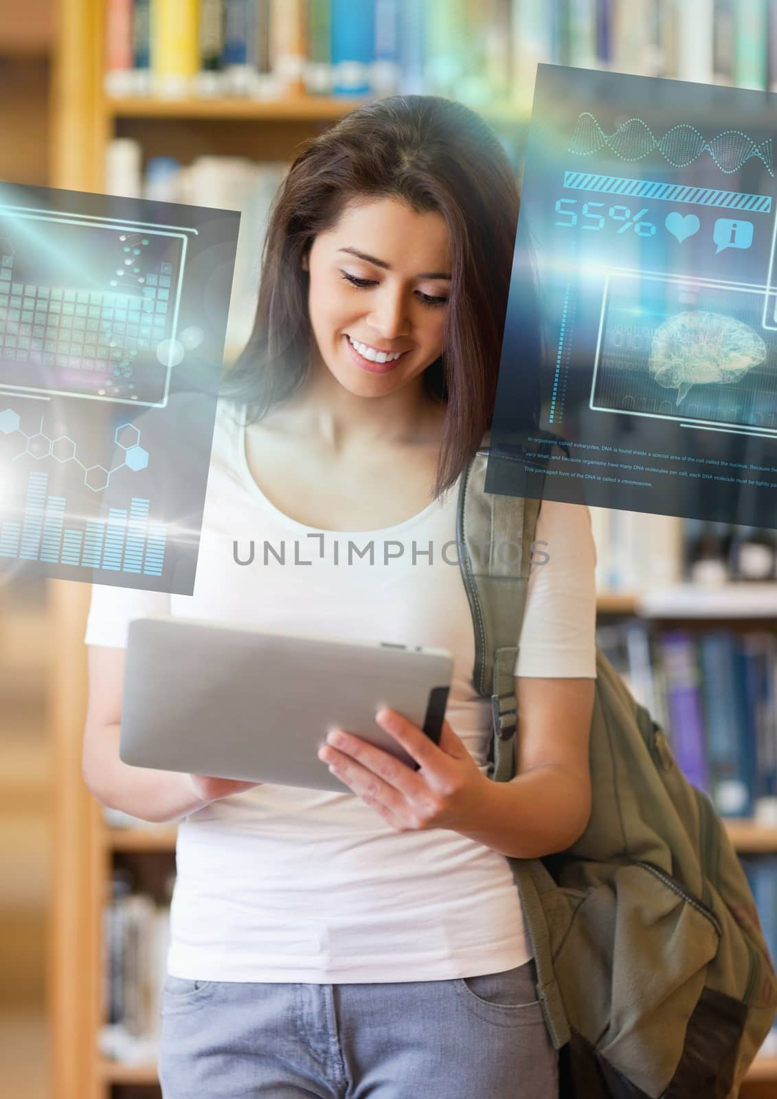 Digital composite of Female Student studying with tablet and science education interface graphics overlay