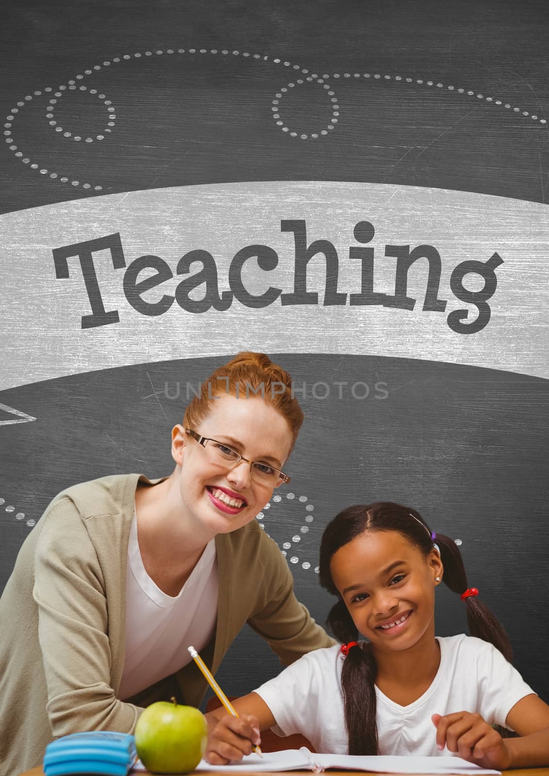 Digital composite of Happy student girl and teacher at table against grey blackboard with teaching text and education and