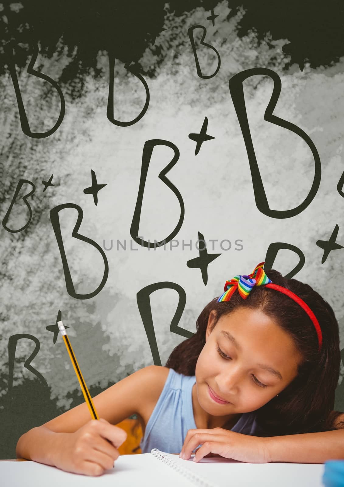 Digital composite of Student girl at table writing against green blackboard with school and education graphic
