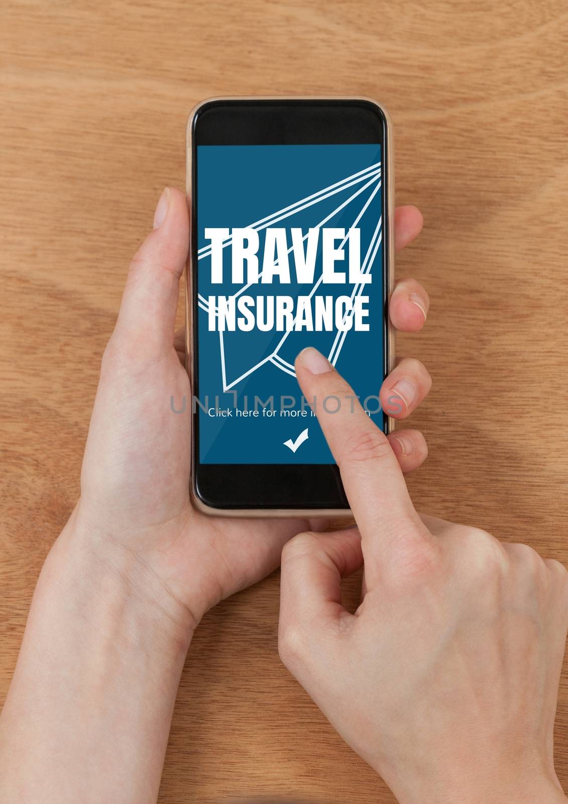 Digital composite of Person using a phone with travel insurance concept on screen